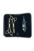 Point Profesyonel Çantalı 3'lü 6 İnç Düz Makas Ara Makas Ustura Seti Gold Altın thumbnail 1