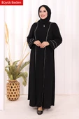 6011-1 Çizgili Fermuarlı Ferace Siyah thumbnail 3