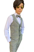 Erkek Çocuk Kare Desen ve Şal Yaka Yelekli Yeşil Takım Elbise thumbnail 8