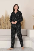 Siyah Çiçekli Dantel Detaylı V Yaka Düğmeli Mevsimlik Pamuk Likra Uzun Kol Pijama Takımı-Geniş Kalıp thumbnail 11