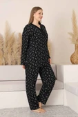 Siyah Çiçekli Dantel Detaylı V Yaka Düğmeli Mevsimlik Pamuk Likra Uzun Kol Pijama Takımı-Geniş Kalıp thumbnail 5