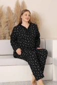Siyah Çiçekli Dantel Detaylı V Yaka Düğmeli Mevsimlik Pamuk Likra Uzun Kol Pijama Takımı-Geniş Kalıp thumbnail 4