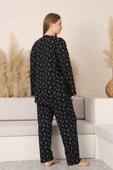 Siyah Çiçekli Dantel Detaylı V Yaka Düğmeli Mevsimlik Pamuk Likra Uzun Kol Pijama Takımı-Geniş Kalıp thumbnail 3