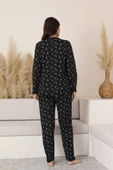 Siyah Çiçekli Dantel Detaylı V Yaka Düğmeli Mevsimlik Pamuk Likra Uzun Kol Pijama Takımı-Geniş Kalıp thumbnail 8