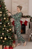 Kadın Noel Desen Mevsimlik Pamuk Likra Göğüs Cepli Boydan Önden Düğmeli Uzun Kol Pijama Takımı thumbnail 3