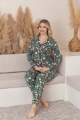Kadın Noel Desen Mevsimlik Pamuk Likra Göğüs Cepli Boydan Önden Düğmeli Uzun Kol Pijama Takımı thumbnail 7