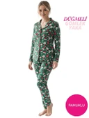 Kadın Noel Desen Mevsimlik Pamuk Likra Göğüs Cepli Boydan Önden Düğmeli Uzun Kol Pijama Takımı thumbnail 1