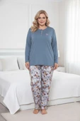 Kadın Çiçek Desen 3 Düğme Likralı Viskon Mevsimlik Büyük Beden Uzun Kol Pijama Takımı thumbnail 5