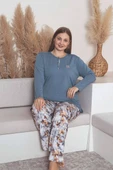 Kadın Çiçek Desen 3 Düğme Likralı Viskon Mevsimlik Büyük Beden Uzun Kol Pijama Takımı thumbnail 2