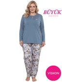 Kadın Çiçek Desen 3 Düğme Likralı Viskon Mevsimlik Büyük Beden Uzun Kol Pijama Takımı thumbnail 1