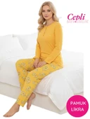 Kadın Sarı Çiçek Desen Mevsimlik Pamuklu Penye Uzun Kol Cepli Pijama Takımı-Slim Fit Dar Kalıp thumbnail 6