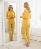 Kadın Sarı Çiçek Desen Mevsimlik Pamuklu Penye Uzun Kol Cepli Pijama Takımı-Slim Fit Dar Kalıp thumbnail 8
