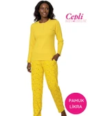 Kadın Sarı Çiçek Desen Mevsimlik Pamuklu Penye Uzun Kol Cepli Pijama Takımı-Slim Fit Dar Kalıp thumbnail 1