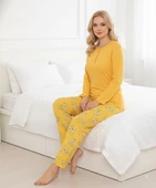 Kadın Sarı Çiçek Desen Mevsimlik Pamuklu Penye Uzun Kol Cepli Pijama Takımı-Slim Fit Dar Kalıp thumbnail 10