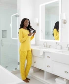 Kadın Sarı Çiçek Desen Mevsimlik Pamuklu Penye Uzun Kol Cepli Pijama Takımı-Slim Fit Dar Kalıp thumbnail 4