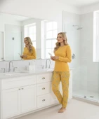 Kadın Sarı Çiçek Desen Mevsimlik Pamuklu Penye Uzun Kol Cepli Pijama Takımı-Slim Fit Dar Kalıp thumbnail 9