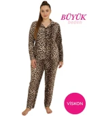 Kadın Büyük Beden Viskon Önden Düğmeli Gömlek Yaka Göğüs Cepli Uzun Kol Mevsimlik Pijama Takımı thumbnail 1