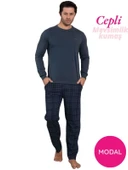 Guava Erkek Bisiklet Yaka Düğmesiz Ekose Desen Modal Mevsimlik Uzun Kol Manşetli Cepli Pijama Takımı thumbnail 9