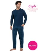 Guava Erkek Bisiklet Yaka Düğmesiz Ekose Desen Modal Mevsimlik Uzun Kol Manşetli Cepli Pijama Takımı thumbnail 8