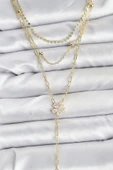 Pirinç Gold Renk Zirkon Taşlı Çiçek Model Detaylı 3'lü Kombin Y Kadın Kolye - TJ-BKO10697 thumbnail 1