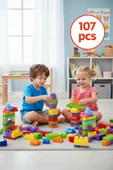 107 Parça Renkli Eğitici Blok Seti – Saklama Kutulu thumbnail 3