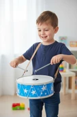 Yıldız Desenli Mavi ve Kırmızı Çocuk Davulu – Askılı, Bagetli, 25 cm, Müzik Aleti Oyuncak thumbnail 1
