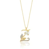 Işıltılı Manolya Çiçeği Z Harfi Gümüş Harfli Kolye - Altın thumbnail 1
