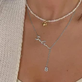 Yeni Taşlı Harf İsimli Gümüş Kolye - Gümüş thumbnail 2