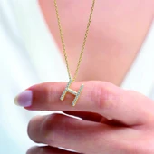 Işıltılı Prizma H Harfi Gümüş Kolye - Altın thumbnail 2