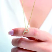 Işıltılı Prizma P Harfi Gümüş Kolye - Rose thumbnail 3