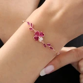 Pırlanta Montür Yakut Taşlı Kalp Yonca Form Gümüş Bileklik - Rose thumbnail 1