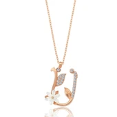 Işıltılı Manolya Çiçeği Ü Harfi Gümüş Harfli Kolye - Rose thumbnail 1