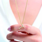 Işıltılı Prizma T Harfi Gümüş Kolye - Gümüş thumbnail 2