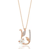 Işıltılı Manolya Çiçeği U Harfi Gümüş Harfli Kolye - Rose thumbnail 1