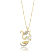 Işıltılı Manolya Çiçeği Y Harfi Gümüş Harfli Kolye - Altın thumbnail 1