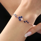 Pırlanta Montür Safir Taşlı Kalp Yonca Form Gümüş Bileklik - Rose thumbnail 1