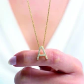 Işıltılı Prizma A Harfi Gümüş Kolye - Altın thumbnail 3