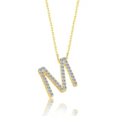 Işıltılı Prizma M Harfi Gümüş Kolye - Altın thumbnail 1