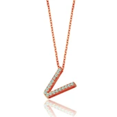 Işıltılı Prizma V Harfi Gümüş Kolye - Rose thumbnail 1