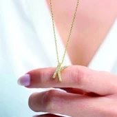 Işıltılı Prizma K Harfi Gümüş Kolye - Altın thumbnail 2