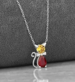 Kırmızı Damla Taşlı Trend Gümüş Kedi Kolye - Gümüş thumbnail 3