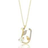 Işıltılı Manolya Çiçeği Ü Harfi Gümüş Harfli Kolye - Altın thumbnail 1