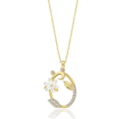 Işıltılı Manolya Çiçeği Ö Harfi Gümüş Harfli Kolye - Altın thumbnail 1