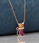 Kırmızı Damla Taşlı Trend Gümüş Kedi Kolye - Altın thumbnail 1