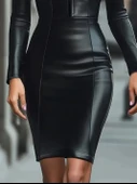 MDB Kadın Uzun Kollu Yakalı Fermuarlı Mini Deri Elbise thumbnail 3