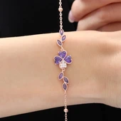 Pırlanta Montür Ametist Taşlı Kalp Yonca Form Gümüş Bileklik - Rose thumbnail 1