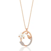 Işıltılı Manolya Çiçeği O Harfi Gümüş Harfli Kolye - Rose thumbnail 1