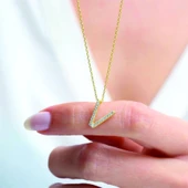 Işıltılı Prizma V Harfi Gümüş Kolye - Gümüş thumbnail 3