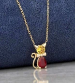 Kırmızı Damla Taşlı Trend Gümüş Kedi Kolye - Gümüş thumbnail 2