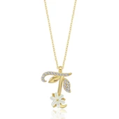 Işıltılı Manolya Çiçeği T Harfi Gümüş Harfli Kolye - Altın thumbnail 1